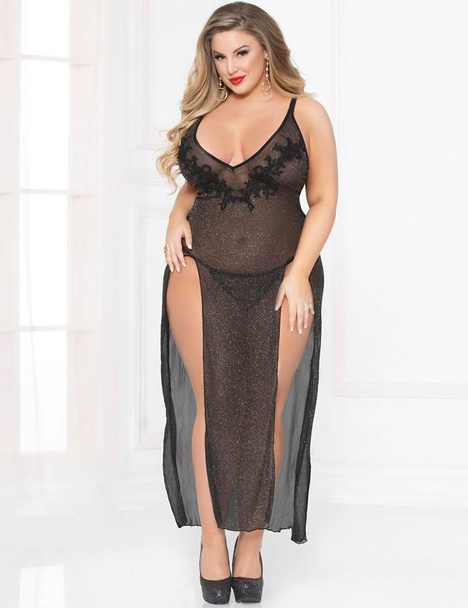 Plus Size Black Long Sheer  Sexy Nightgown